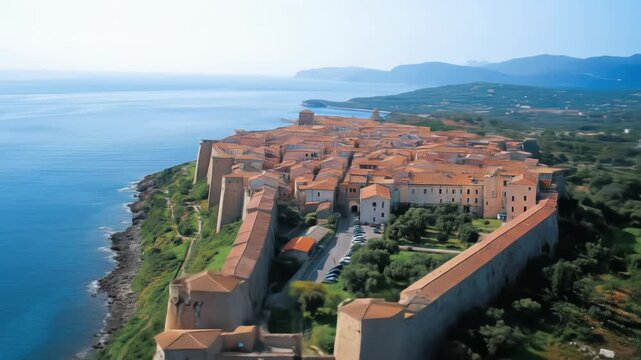 Aerial view of Capalbio, Italy, picturesque fortified town on the coast, a timeless travel