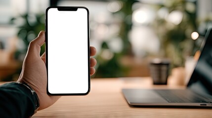 Hand holding a smartphone with a blank screen.
