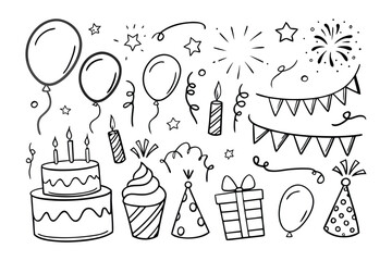 Birthday Celebration Doodle: A delightful black and white doodle of a birthday party theme, featuring balloons, cake, gifts and other party elements.