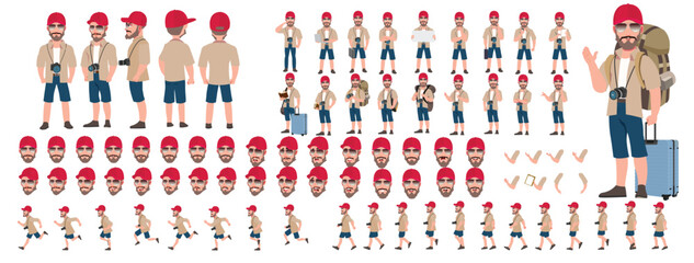 Traveler character model sheet, Character poses, expressions, Walk cycle, Run cycle animated character sequences.