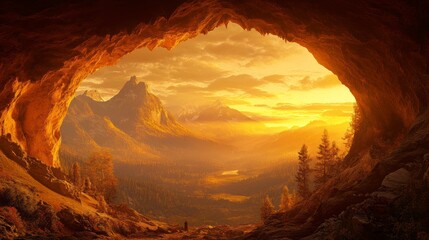 Golden sunset view from a cave opening, overlooking a majestic mountain range and valley.
