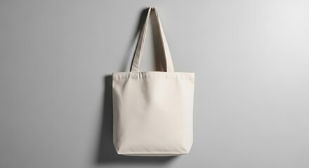 A simple canvas tote bag hangs against a neutral gray wall