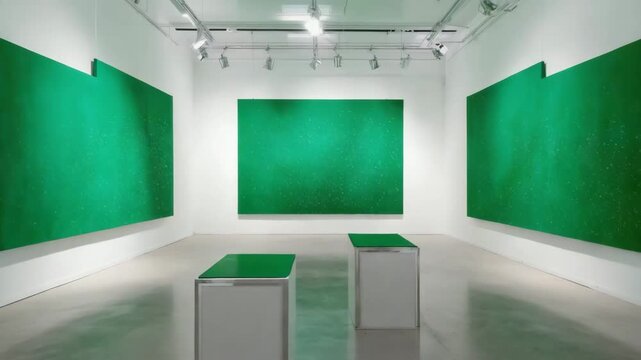 A minimalist art gallery with spot-lit, empty green screen canvases mounted on white walls and sleek pedestals. The floor is polished concrete, reflecting gallery lights and canvas frames.