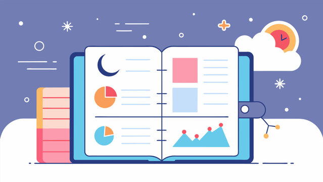 A detailed spread in a bullet journal for tracking sleep patterns including hours slept and quality of sleep to monitor the influence on overall. Vector illustration