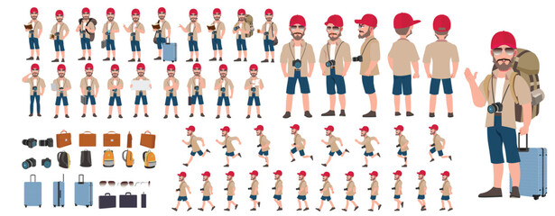 Traveler character model sheet, Character poses, expressions, Walk cycle, Run cycle animated character sequences.
