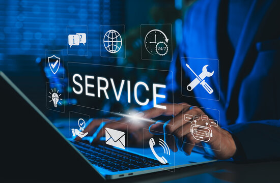 Technical Support and Customer Service Technology Concept. Business person using laptop with service icons representing customer support, assistance, 24/7 help, and communication channels in digital.