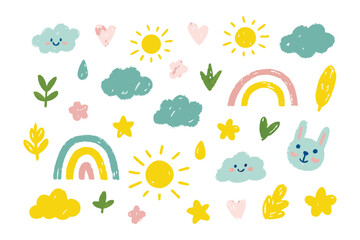 Playful Pastel Paradise: A whimsical collection of hand-drawn suns, clouds, rainbows, and heart doodles in cheerful pastel colors creates a delightful visual symphony.