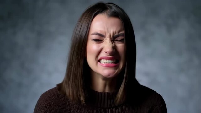 A static close-up shows a young adult woman reacting with extreme emotional distress, eyes closed and mouth open in a scream, displaying feelings of anger, suffering, or deep frustration.