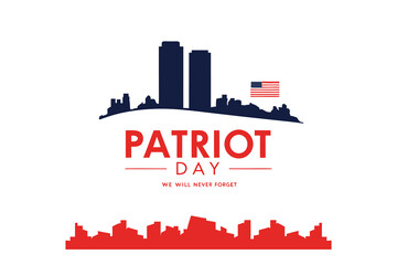 Patriot day silhouette of new york city skyline with american flag and memorial text isolated on white background