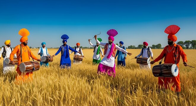 Energetic Punjabi men in colorful traditional attire performing the Bhangra folk dance in a golden wheat field.