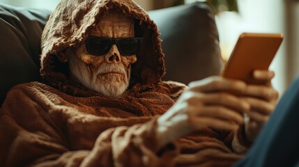 A hauntingly captivating image of a skeletal figure in a cozy hooded robe, absorbed in a smartphone. This visual juxtaposition of death and modern technology prompts reflection on life and connection