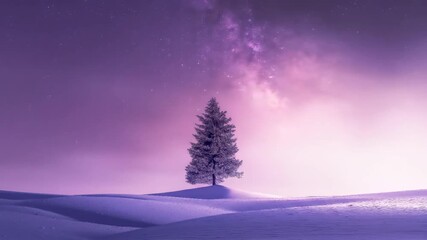 Solitary pine tree on snowy hill with mystical purple night sky, stars, and milky way above. Winter nature landscape footage. - Powered by Adobe