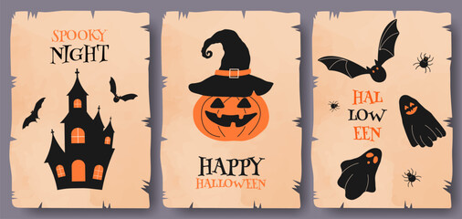 Happy Halloween Flat Invitation greeting Card set with spooky Icons on Vintage antique old paper sheets with ripped edges. Halloween Vector Background Poster texture of vintage paper or parchment.