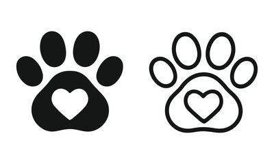 Naklejka premium Pet paw print icons with heart symbol in center. Black and outline versions ideal for veterinary, pet care, and animal adoption designs.