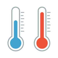 Hot and cold temperature thermometers with red and blue fluid levels. Flat vector illustration of temperature measurement and weather symbols.