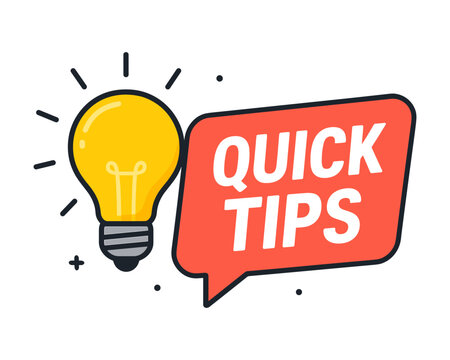 Quick tips label with glowing light bulb. Flat vector concept for advice, idea, help, useful tricks or guidance.