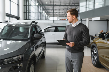 Portrait of Modern car seller standing in car salon with copy space