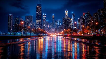 Fototapeta premium Colorful city skyline reflected in a wet street at night.