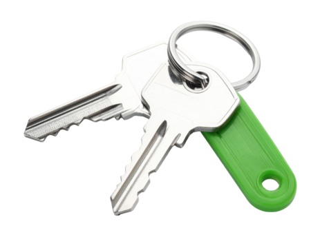 Two modern keys on metal ring with green label on transparent background
