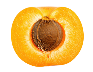 Ripe apricot cut in half showing the seed on a transparent background