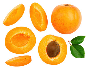 Ripe apricots whole, halved, quartered and sliced with leaves on transparent background
