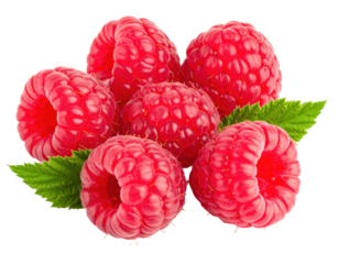 Ripe red raspberries with green leaves on transparent background