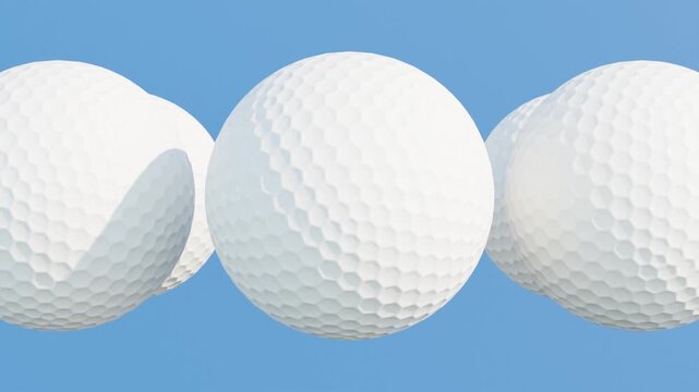 Colorful 3D golf balls spinning in continuous circular motion on vibrant blue background, seamless energetic loop perfect for sports videos, social media content, advertising