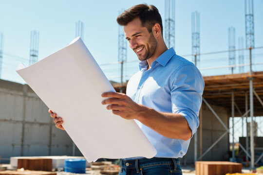 A smiling architect in a blue shirt examines blueprints while standing on a construction site.