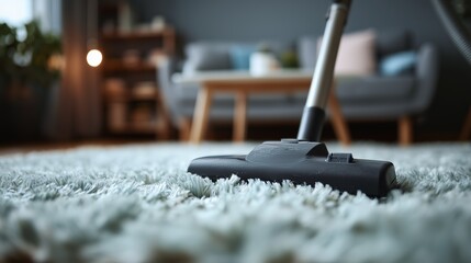 Close-up of a vacuum cleaner on a soft carpet in a cozy living room setting with blurred background.