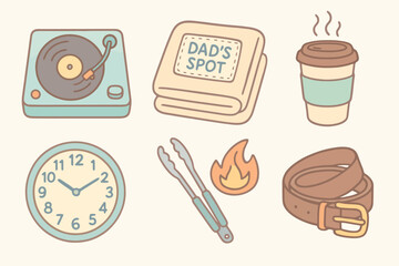 Father’s Day cartoon icon set with clean pastel style: vinyl player, dad blanket, BBQ tongs, belt, coffee cup, and clock. Hand-drawn and expressive.