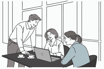 Four professionals collaborating in a modern office—diverse team discussing ideas in a bright, open workspace with natural light and contemporary design.