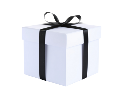 White gift box wrapped with black ribbon on transparent background - Powered by Adobe