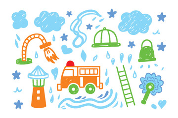 Playful Firefighter Doodle: A whimsical collection of doodle-style illustrations featuring firefighting equipment, stars, clouds, and other playful elements.
