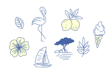 Doodle Tropical Exotic Fruit, Flamingo Bird and Ice Cream Outline Contour Icon Set. Funny Cute Decorative Simple Symbol Silhouette. Travel Resort Party Card Decoration.