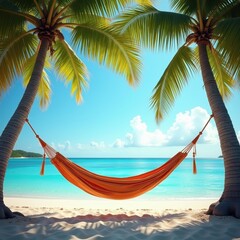 Empty Hammock Between Palm Trees with Ocean View
