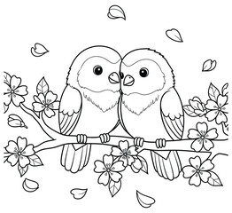Cute lovebirds on a blooming branch with cherry blossoms in romantic line art style