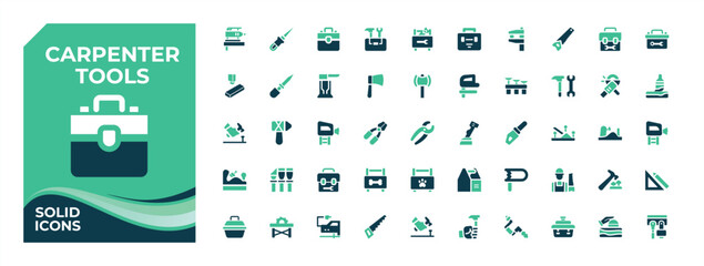 Carpenter Tools colorful solid icon set. Contains related to carpenter, handyman, repair, craft, tools, wood craft and more. Carpenter vector icon set. Editable vector.