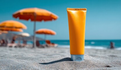 Sunscreen tube mockup on sand beach with parasols blurred background.