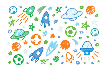 Space doodle pattern: Whimsical doodles of rockets, planets, stars and UFOs create a vibrant, playful, and fun space pattern, evoking childhood wonder.