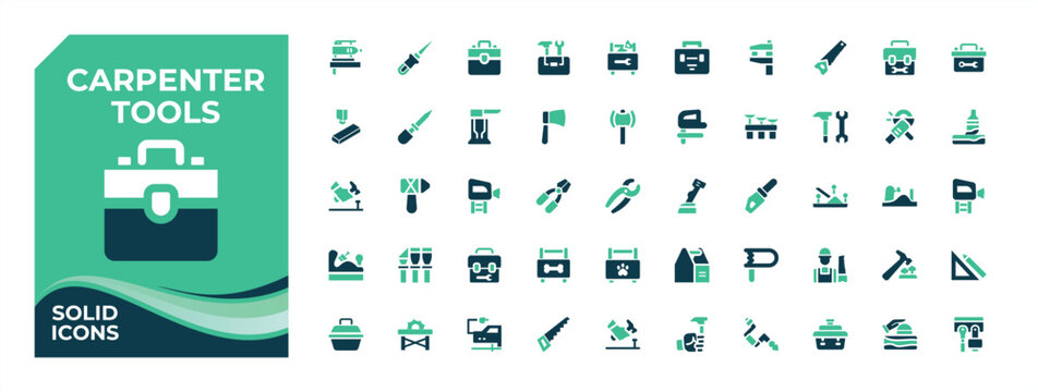 Carpenter Tools colorful solid icon set. Contains related to carpenter, handyman, repair, craft, tools, wood craft and more. Carpenter vector icon set. Editable vector.