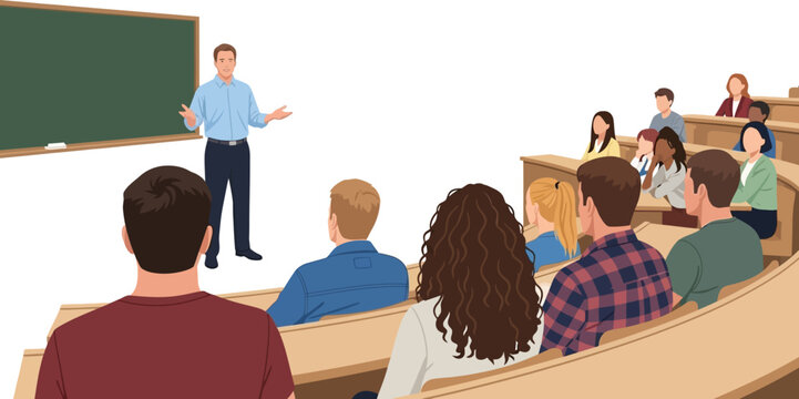 Professor lecturing to attentive students in a brightly lit university lecture hall