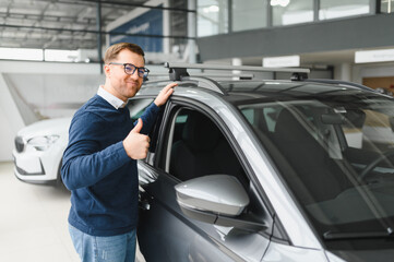 Handsome bearded buyer in casual wear in dealership