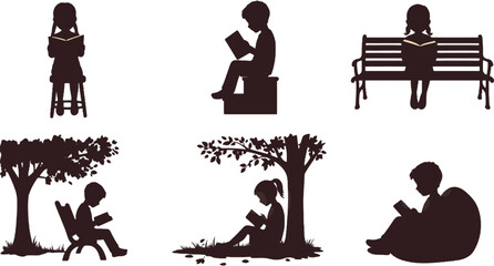 Vector art of a series of silhouette illustrations of children reading books in outdoor settings, isolated on white background