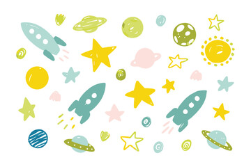 Whimsical Cosmic Wonders: An enchanting illustration of space elements, including rockets, stars, planets, and celestial bodies, creating a vibrant and dreamy atmosphere.