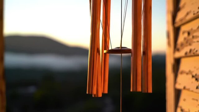 A serene view of wind chimes against a beautiful sunset backdrop, evoking tranquility and relaxation.