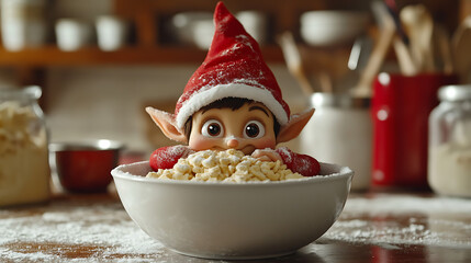 Cute christmas elf peeking out of cereal bowl isolated on white background