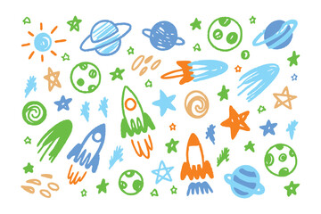 Celestial Cartoon: A whimsical collection of hand-drawn celestial bodies and rockets, offering a charming visual of space exploration and discovery.