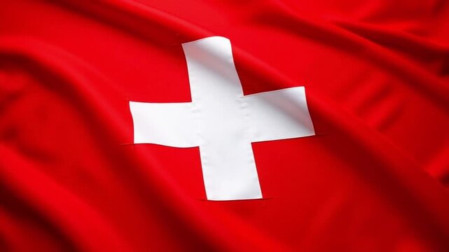 A vibrant image of the swiss flag featuring a white cross on a red background with fabric texture	