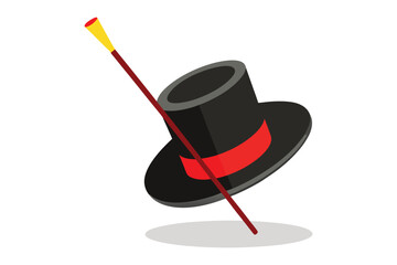 Classic black top hat with a red ribbon and a cane piercing through it isolated on white background silhouette