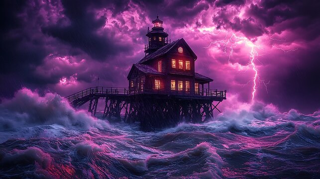 Lighthouse on a pier during a stormy night. - Powered by Adobe